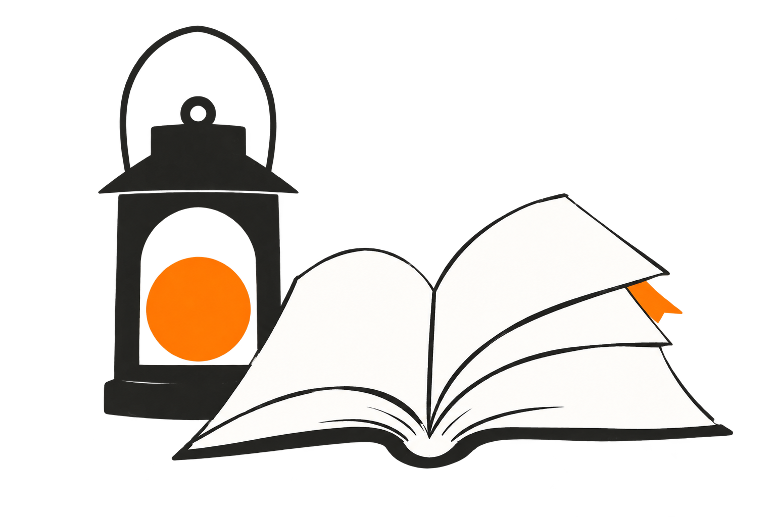A charcoal lantern with an amber light beside an open book.